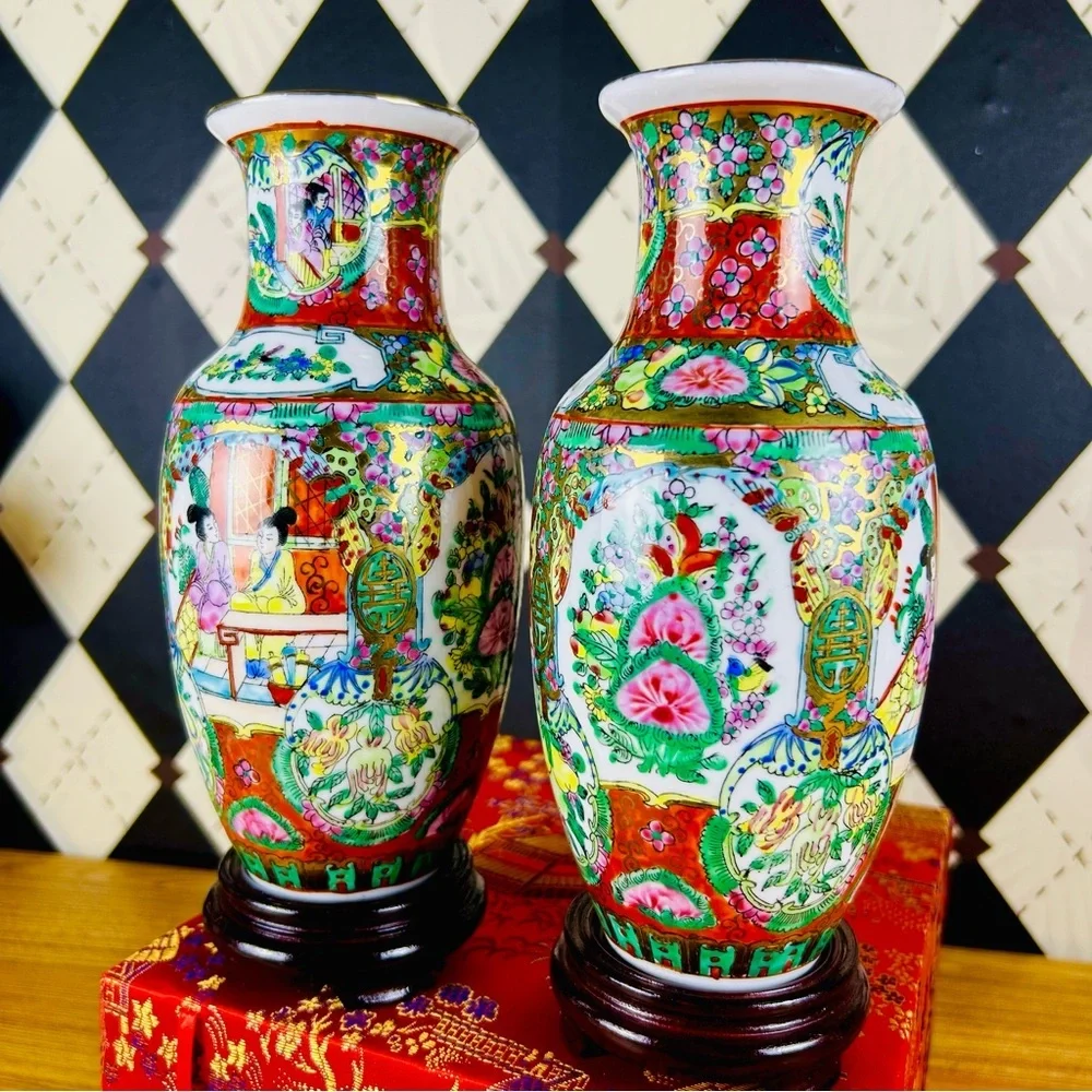 Rose Medallion Porcelain Vases Hand Painted Chinese w/ Stands Box 9